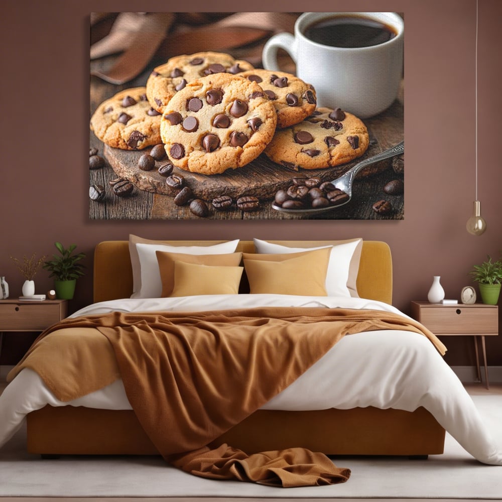 Tablou canvas cu tablou canvas cu fursecuri si cafea, fara rama, pe sasiu de lemn, pe perete intr-un dormitor